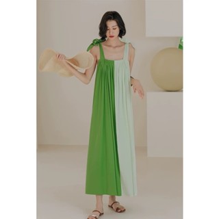 泰國洋裝 海島海邊度假風洋裝 綠色吊帶裙女夏天雪紡寬鬆裙子 法式洋裝 長裙 長洋裝 長版 連身裙 一字領平口