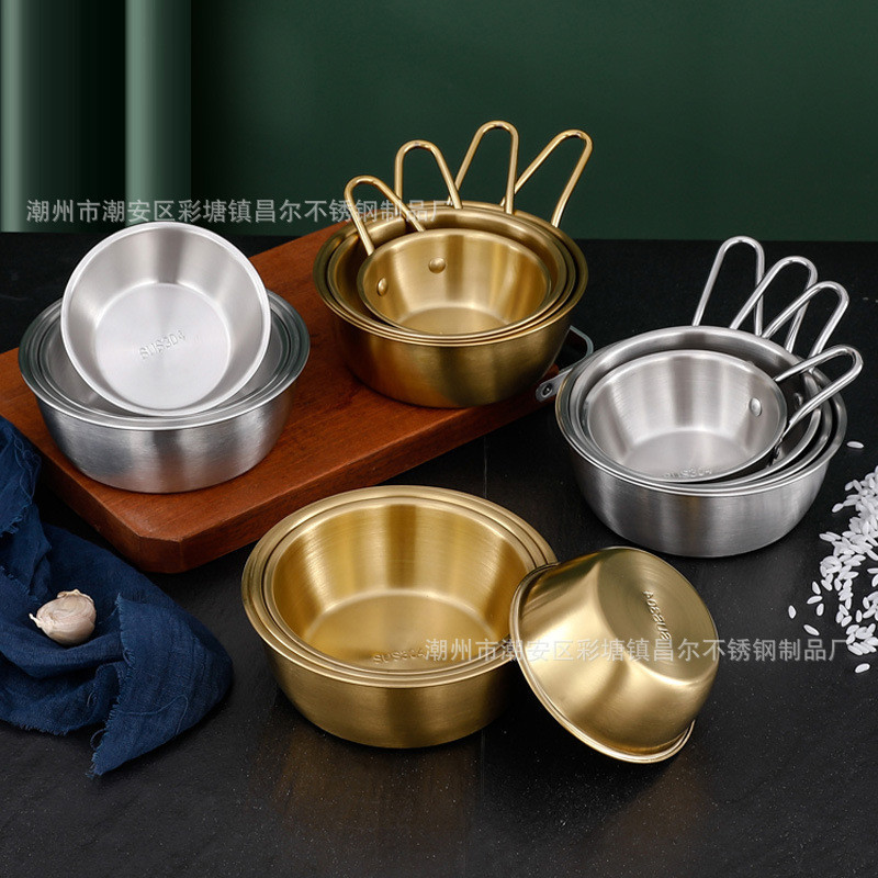 韓式304不銹鋼米酒碗 金色帶手柄飯碗熱涼酒碗韓國料理小吃調料碗