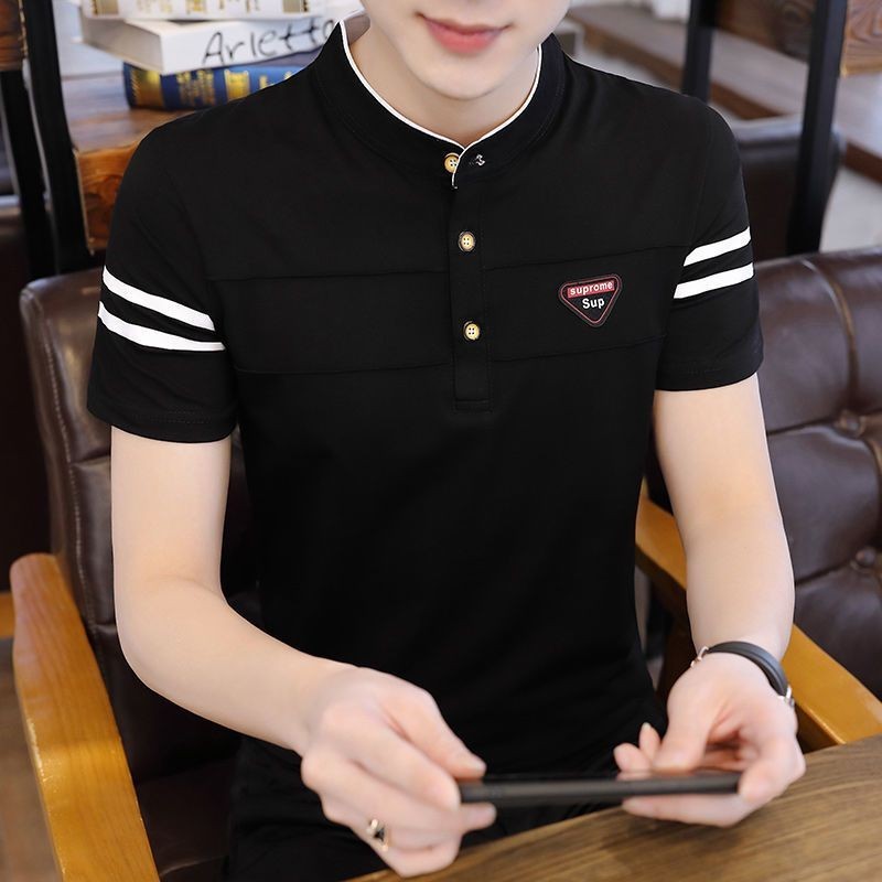 短袖T恤男夏季2024新款男裝polo衫立領緊身青年韓版潮流短袖