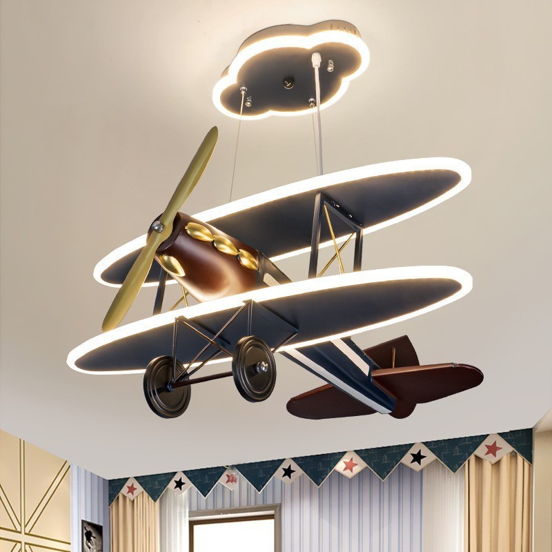 【現貨】美式復古鐵藝飛機吊燈創意時尚個性男孩臥室兒童房間護眼LED燈具