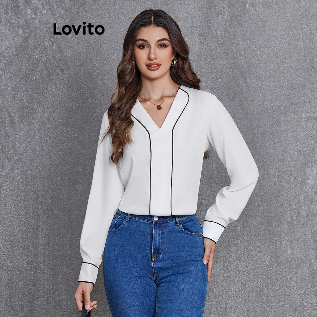 Lovito 女士休閒素色撞色綁帶襯衫 LBL20164
