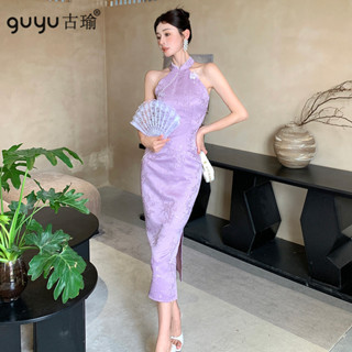 設計紫蔓國風新中式紫色蝴蝶提花純欲緞料掛脖旗袍洋裝女
