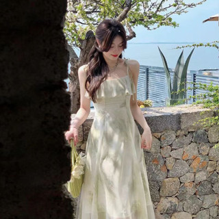 夏季新款吊帶長裙仙女荷葉邊印花無袖氣質洋裝