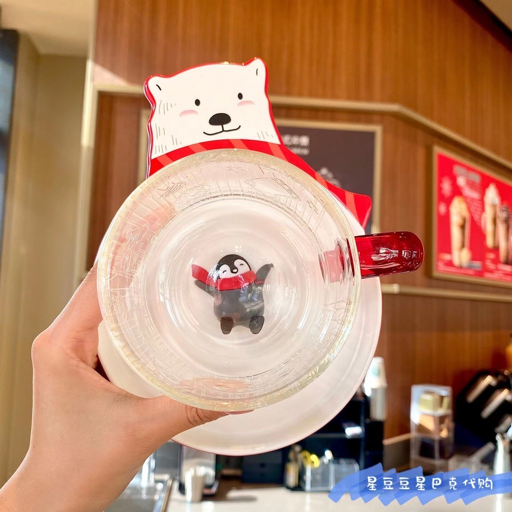 星巴克22耶誕雪花浮雕玻璃杯配北極熊企鵝可愛杯碟組套裝禮物水杯