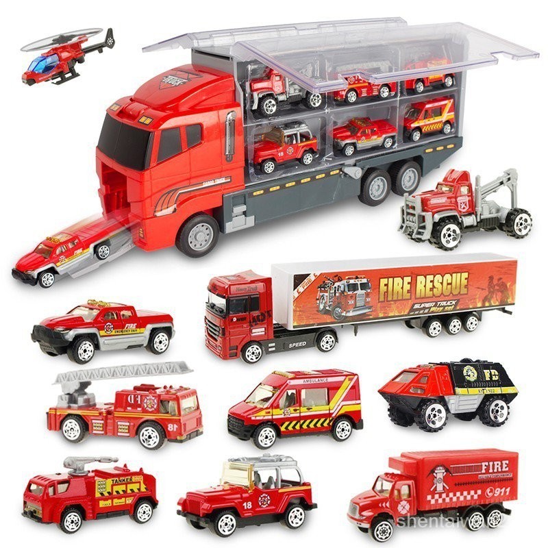 1：64合合金貨櫃車 1帶10套裝 消防車 直升飛機 寶寶益智早教玩具 10輛兒童迷你玩具車+1輛貨櫃車 男孩禮物 模型
