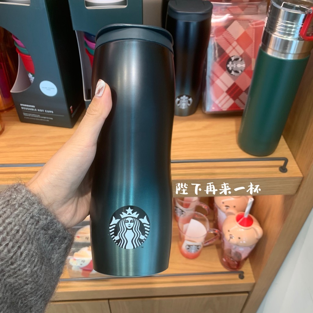 韓國星巴克杯子2021深綠色漸變大肚杯不鏽鋼保溫杯591ml