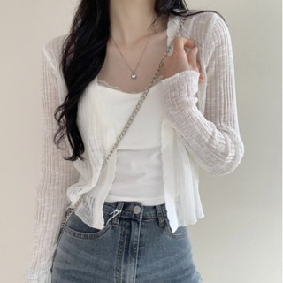 DayDay少女｜夏日剛需！韓國chic 夏季薄款基礎百搭冰絲針織開衫小外套 V領單排扣短版外搭防曬衫 空調衫 女生上衣