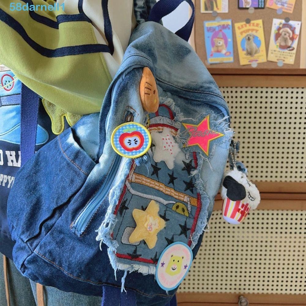DARNELL明星拼布背包,大容量尼龍Kitty牛仔背包,旅行包儲物袋凱蒂貓青少年單肩包學校