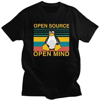 經典復古 Linux 襯衫 Open Source Open Mind T 恤男士企鵝編程器程式設計編碼器 T 恤棉 T 恤