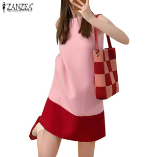 Zanzea 女式韓版時尚拼接H型短款無袖圓領連衣裙
