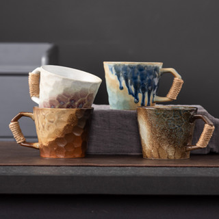 【現貨免運】日式創意窯變粗陶咖啡杯別緻寬口麻繩手柄茶杯做舊陶瓷復古馬克杯高顏值
