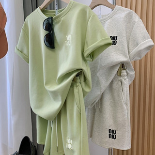 現貨 專櫃優品質推薦 女生衣著 刺繡字母短袖上衣短褲兩件式套裝 新款韓版跑步服兩件套
