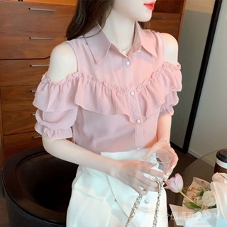 💯精品推薦#時尚氣質露肩雪紡衫女夏裝2025年新款木耳邊短袖襯衫洋氣上衣小衫