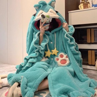 現貨 初音未來鬥篷睡袍 女款秋冬季 珊瑚絨 加厚睡衣 可愛 法蘭絨初音睡裙 家居服