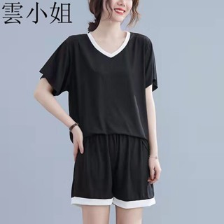 【雲小姐】大尺碼 家居服 睡衣套裝 冰絲睡衣套裝 兩件式睡衣套裝 女裝睡衣女夏薄款寬鬆短袖短褲居家服二件套裝