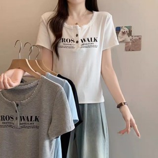 衣時尚 短袖T卹 上衣 短版上衣 基本款 S-2XL新款甜美T卹女蕾絲蕾絲印花設計感獨特短袖上衣-2112.
