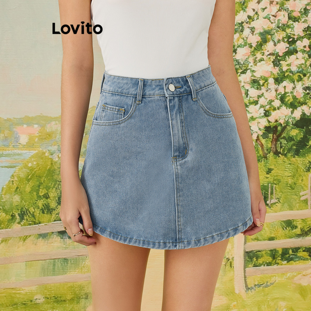 Lovito 女士休閒素色口袋牛仔短褲 L80ED310
