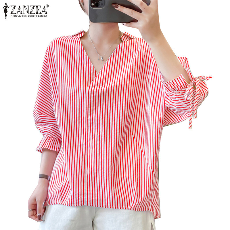 Zanzea 女式韓版 V 領七分袖繫帶袖口條紋襯衫