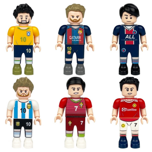 6隻足球明星系列人偶公仔組：兼容樂高，克里斯蒂亞諾·羅納爾多、梅西和內馬爾，巴塞羅那、曼聯、巴黎聖日耳曼 組裝模型收藏