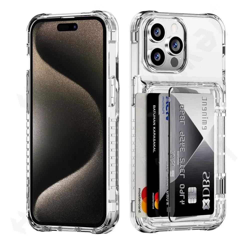 Iphone 15 14 13 12 11 Pro Max Plus 錢包透明保護殼信用卡夾重型防震透明保護套