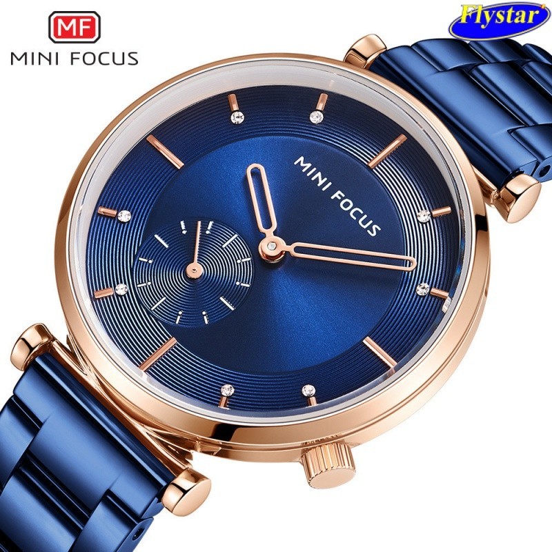 MINI FOCUS品牌簡約時尚手錶女生日本機芯防水手錶鑲鑽精鋼錶帶0333L