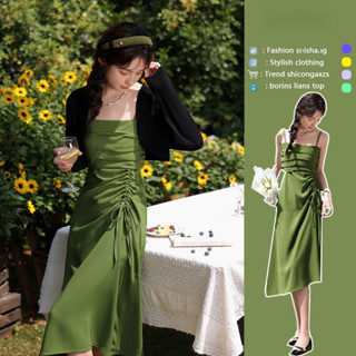 綠色吊帶洋裝兩件套小外套春夏裝高級感法式氣質顯瘦長裙