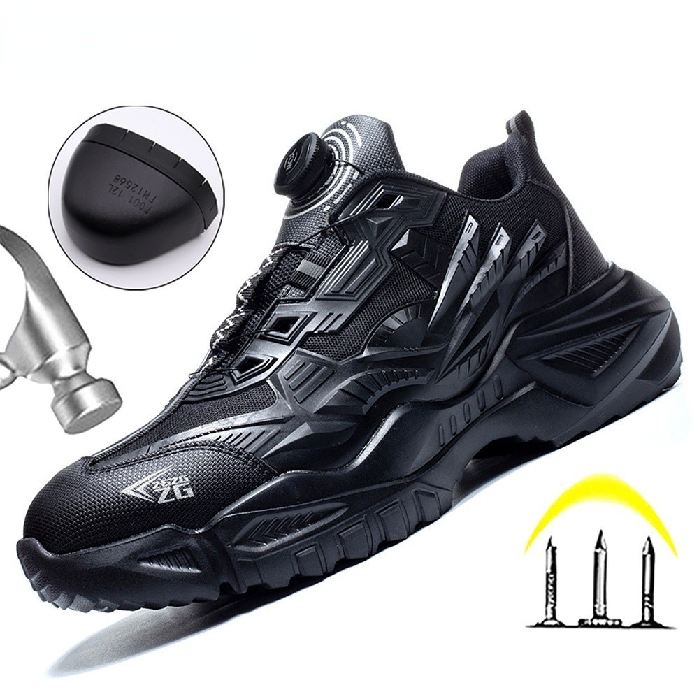 新款旋轉鈕扣黑色安全鞋男鋼頭工作運動鞋防穿刺工作安全靴男工作鞋 A0F2