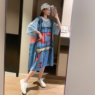 【特大尺碼】（40-100kg）ins韓國早春五分袖寬鬆肥大尺碼200斤睡衣女長款洋裝卡通家居睡裙夏