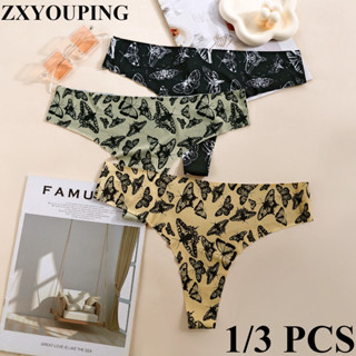 Zxyouping 1/3 件女士丁字褲無縫冰絲內褲性感 G 弦蝴蝶圖案內衣套裝 S-XL