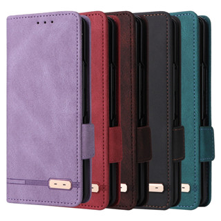 適用Samsung 三星Zfold3手機套翻蓋zfold4插卡五金磁吸扣復古摺疊對吸皮套素面書本式手機殼