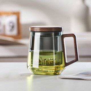 現貨🍵【高硼矽玻璃防爆茶水杯】辦公專用茶水分離杯｜天然胡桃木杯蓋+防燙手柄｜玻璃濾膽｜冷熱不裂✨商務泡茶器 咖啡花茶