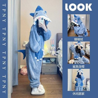 可愛鯊魚珊瑚絨連體睡衣女秋冬季2025年加厚保暖一體式家居服秋冬女款可愛鯊魚珊瑚絨連體睡衣20250319