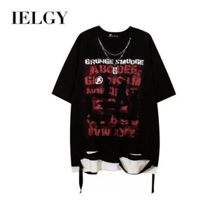 IELGY 短袖t恤男士暗黑破壞神風加大碼假兩件式設計感項鍊嘻哈破洞上衣