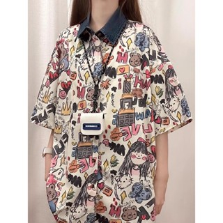 【HOT 本舖】 夏季新款寬鬆美式復古趣味卡通塗鴉印花短袖慵懶風襯衫上衣ins潮