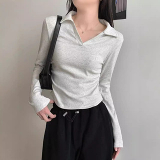 【HOT 本舖】 S-XL 210克純棉 螺紋 POLO領 長袖T恤女 春秋冬打底衫 內搭收腰 短版 上衣 女裝