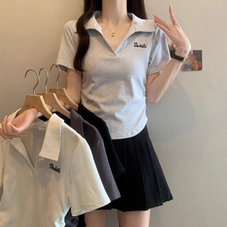 衣時尚 短袖T卹 短版上衣 小衫 S-2XL新款polo領褶皺收腰短袖T卹女刺繡遮肉顯瘦百搭上衣-2217.