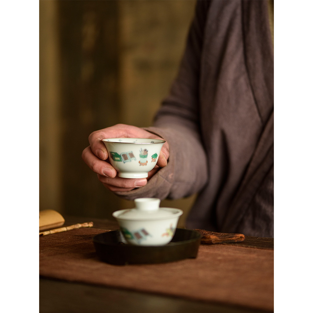 【收藏精品茶具】陶瓷套組手繪竹蓋碗主人杯詩文復古茶具套組