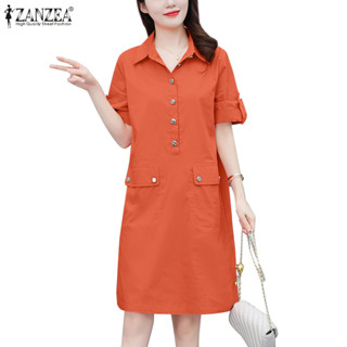 Zanzea 女式韓版時尚翻領短袖鈕扣前袋連衣裙