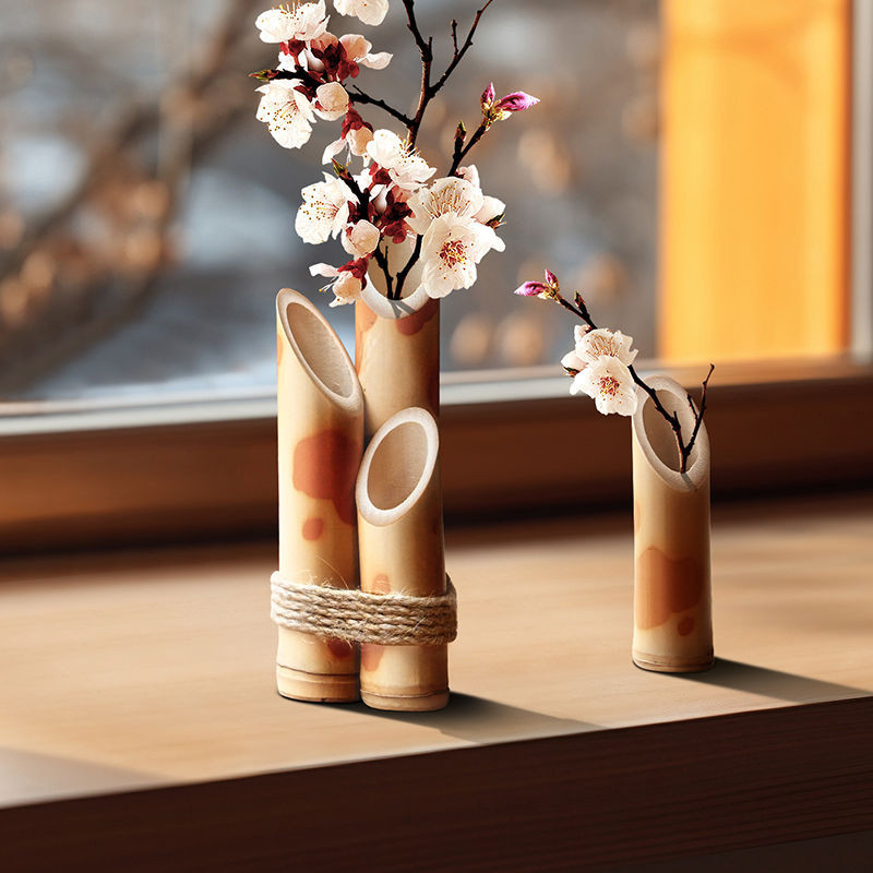 竹筒花瓶中式婚禮插花擺件竹筒裝飾花器天然竹製工藝品擺件