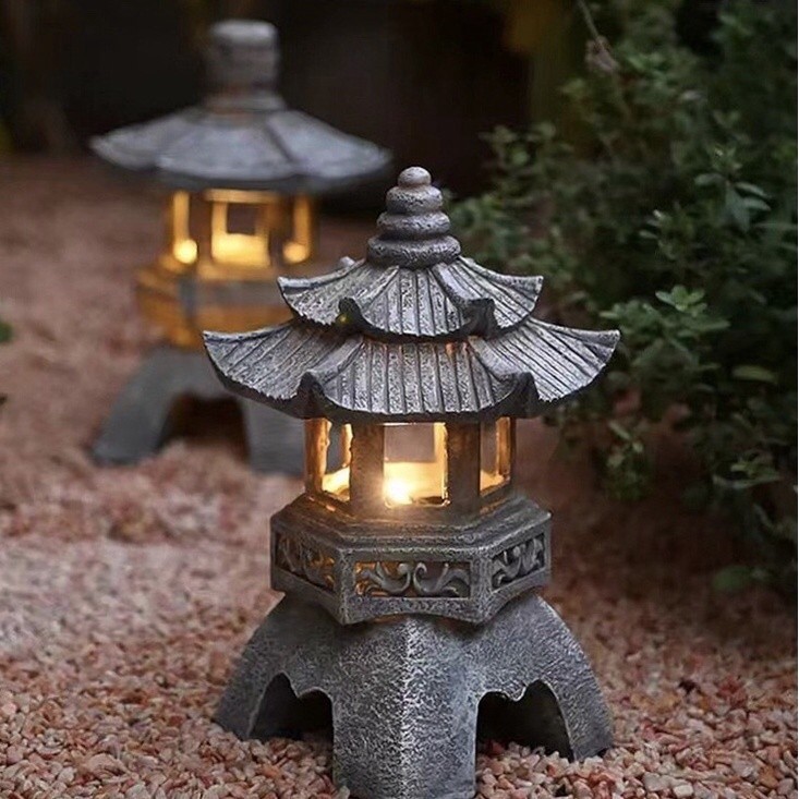 、中式日式太陽能燈禪意石塔裝飾擺件花園庭院樹脂小宮燈雕塑佛具戶外燈