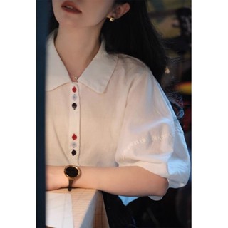 【日常簡約】彩色鈕扣夏季燈籠袖純白色短袖寬鬆襯衫上衣