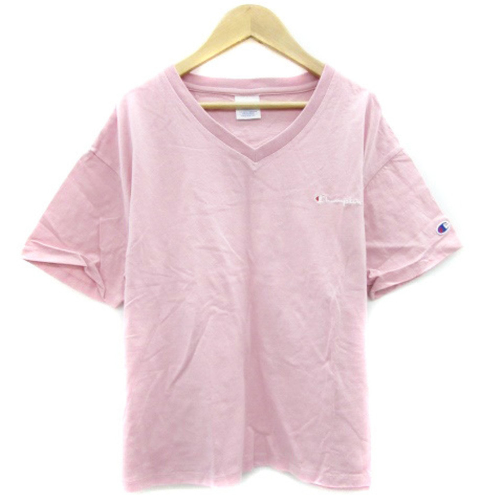 Champion PINK針織上衣 T恤 襯衫V領 粉色 刺繡 短袖 日本直送 二手