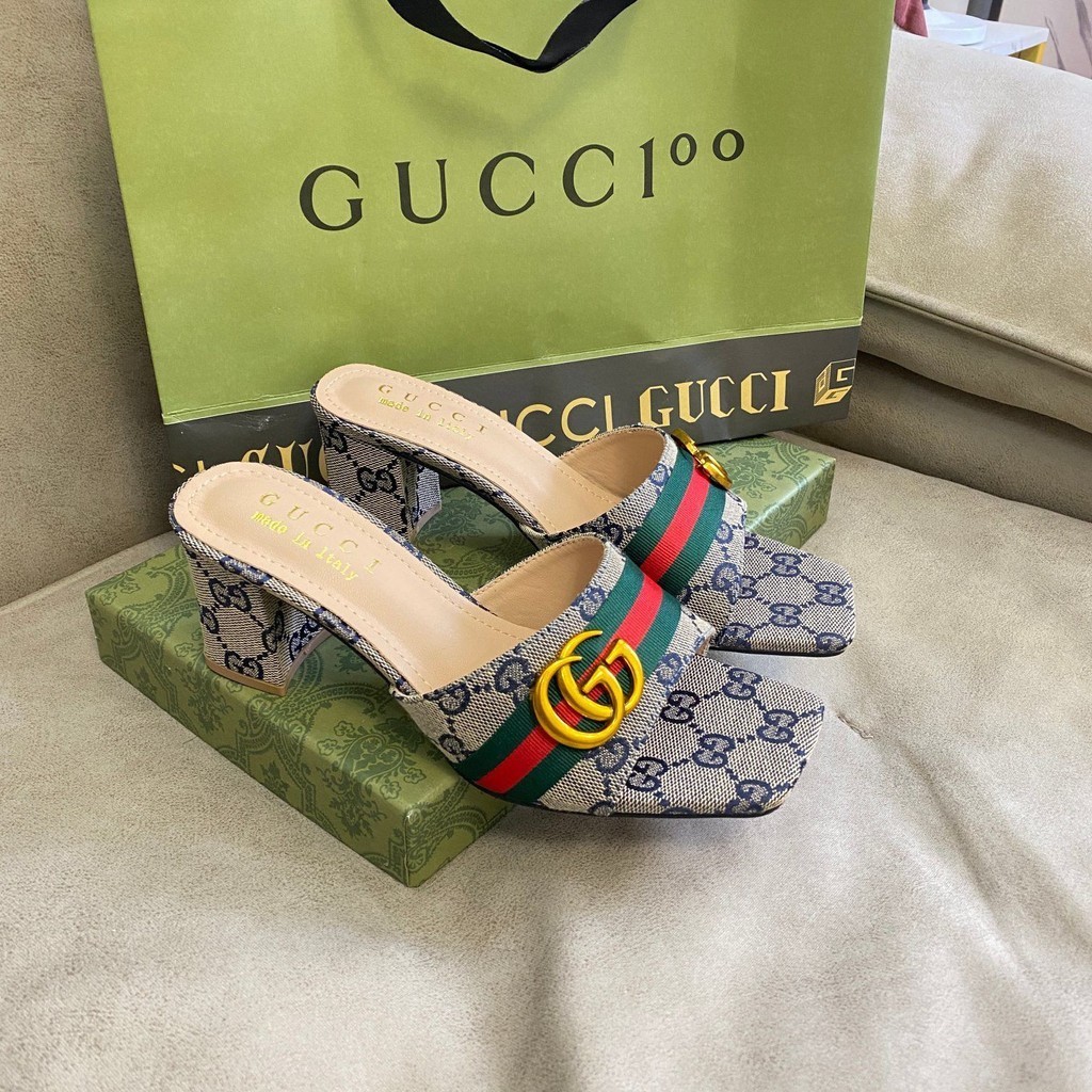 Gucci 2024 拖鞋中跟夏季百搭方扣一字拖女粗跟涼拖防滑休閒外穿