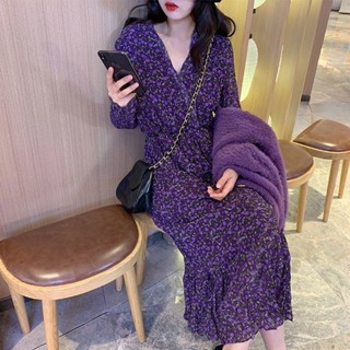 3ZDD 韓版紫色碎花洋裝女春秋新款法式復古領收腰顯瘦打底新款長裙