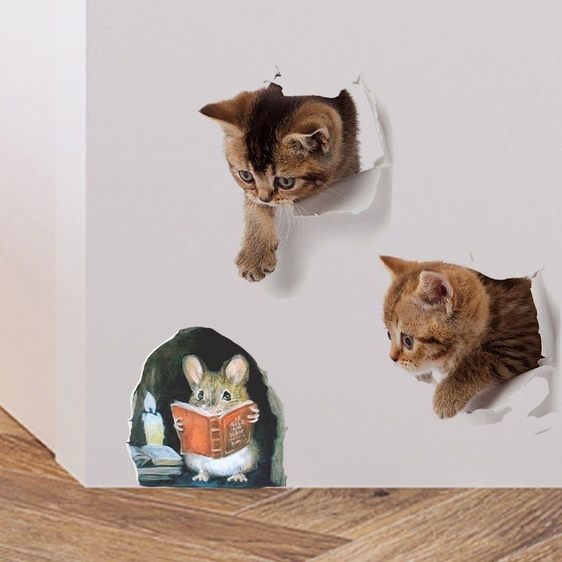 WYD 立體3D視覺創意貼紙可愛仿真貓咪小老鼠房間牆角落裝飾品自粘壁畫