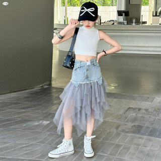 女童半身裙套裝 夏季套裝 女童套裝 2025夏新款中大童洋氣時髦兒童短版背心T恤牛仔網紗拼接半身裙兩件套
