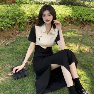 促銷 大尺碼連衣裙 洋裝 套裝 連身裙 撞色設計感開叉連衣裙女春夏韓版2025新款POLO領收腰顯瘦短袖裙子 長裙あ