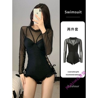 Fashion 泳衣 泳衣女夏新款韓版ins風性感長袖顯瘦遮肚鏤空女生純慾風泳裝