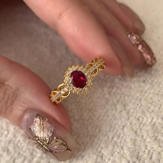 【唯家】vintage中古風鴿子蛋紅寶石戒指女鍍18k金輕奢百搭鴿血石榴石指環