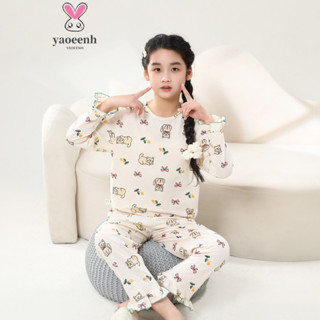 【YAOEENH】100-180CM 春季女童甜美喇叭袖空調家居服 中大童卡通純棉網眼透氣睡衣套裝 現貨 快速出貨
